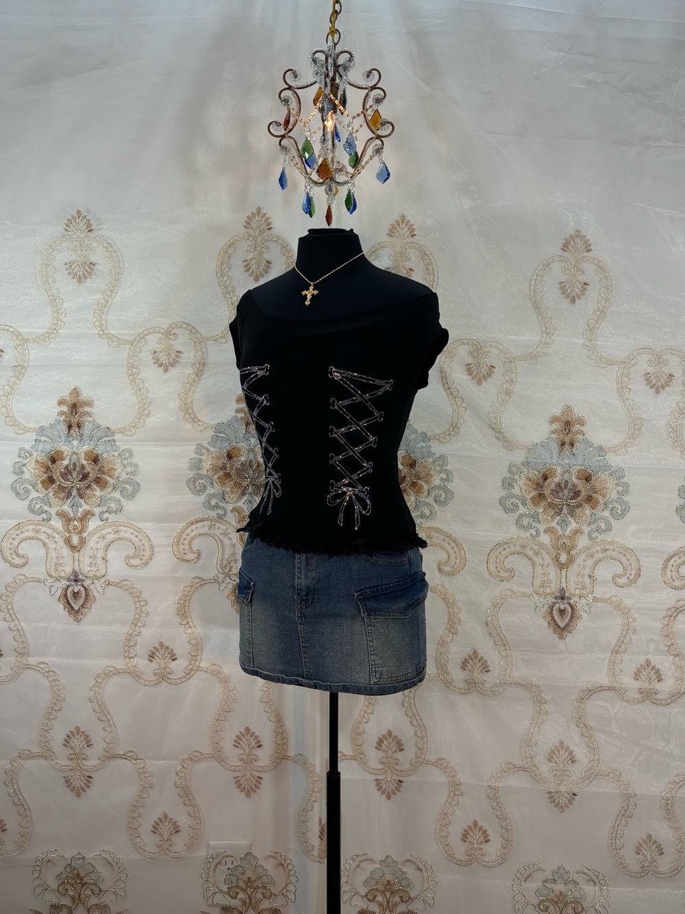 ✨Y2K Black Off the Shoulder Bow & Lace Trim & Bedazzle Graphic Tee✨